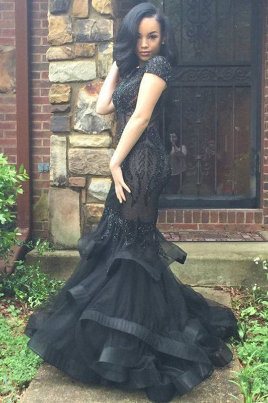 Mermaid Crew Cap Sleeves Tiered Black Organza Prom Dress with Beading  cg10161