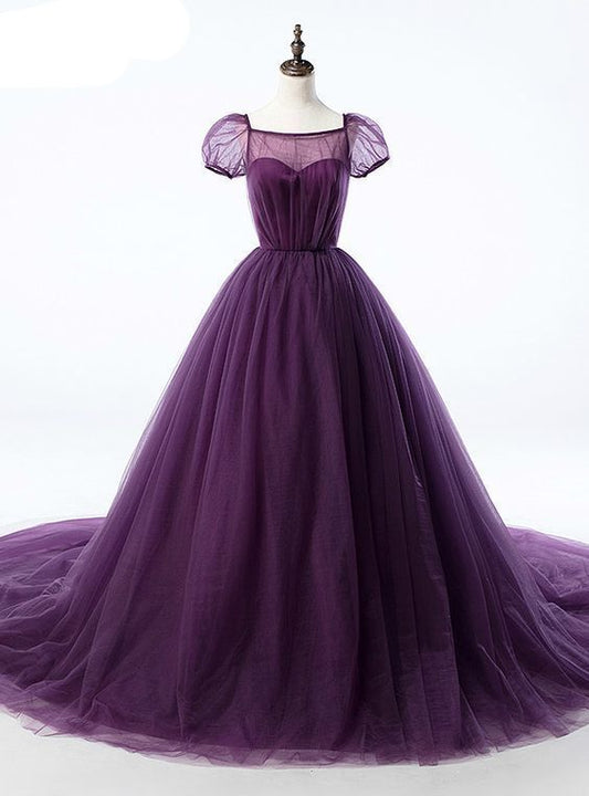 Purple Ball Gown Tulle Short Sleeve Backless Train Wedding prom Dress   cg10177