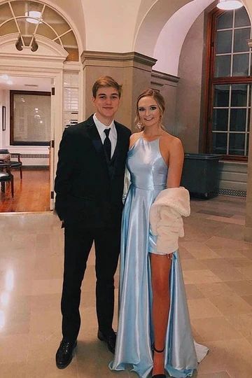 Light Blue Satin Split Long Simple Prom Dress Formal Party Dresses   cg10190