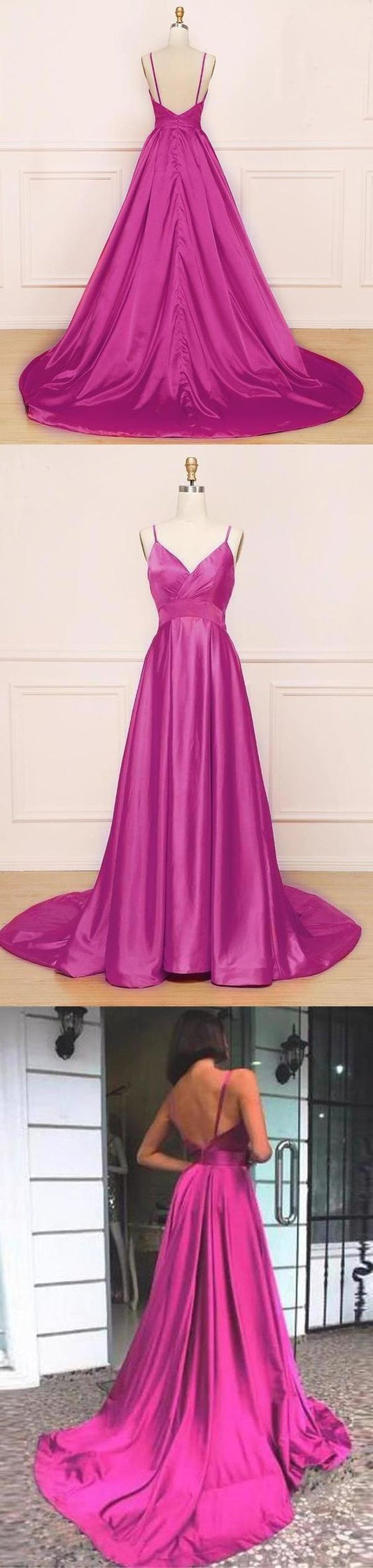 Simple A Line Spaghetti Straps V Neck Satin Backless Prom Dresses   cg10192