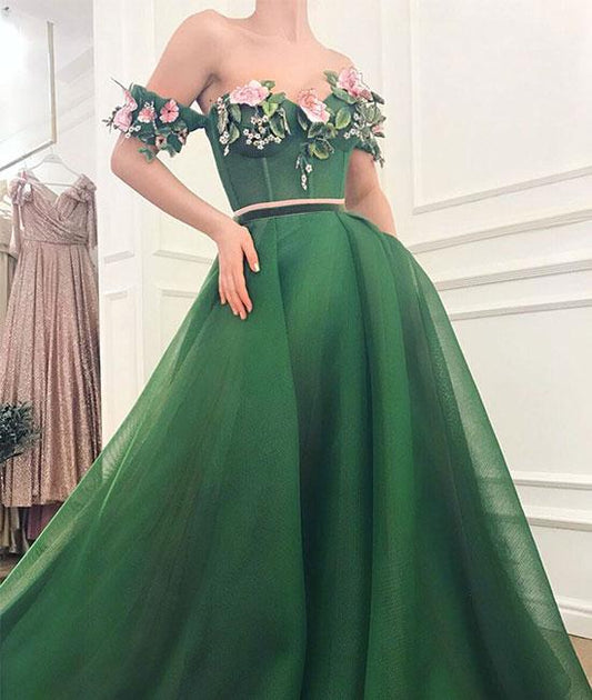 Green sweetheart off shoulder long prom dress, green evening dress cg1022