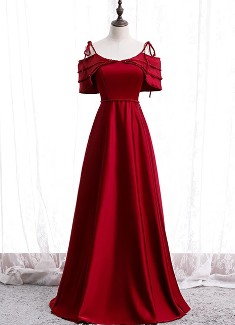 2021 BURGUNDY SATIN BEADS LONG PROM DRESS BURGUNDY EVENING DRESS   cg10280