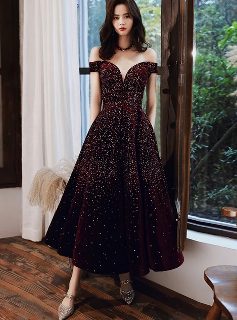 CUTE BURGUNDY SEQUIN TEA LENGTH PROM DRESS BURGUNDY EVENING DRESS   cg10289