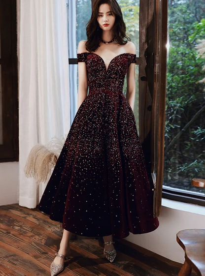 CUTE BURGUNDY SEQUIN TEA LENGTH PROM DRESS BURGUNDY EVENING DRESS   cg10289