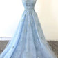 Open Back Prom Dresses with Spaghetti Straps Aline Sky Blue Long Lace Prom Dress  cg1033