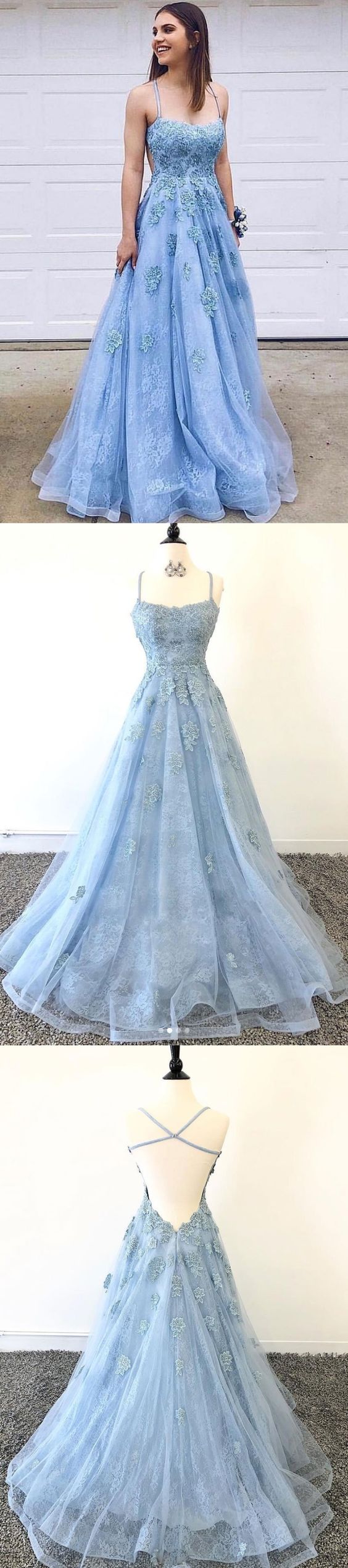 Open Back Prom Dresses with Spaghetti Straps Aline Sky Blue Long Lace Prom Dress  cg1033