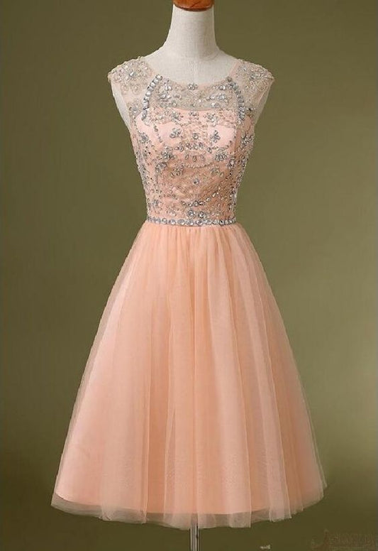 Peach beaded homecoming dress, See through homecoming dress   cg10355