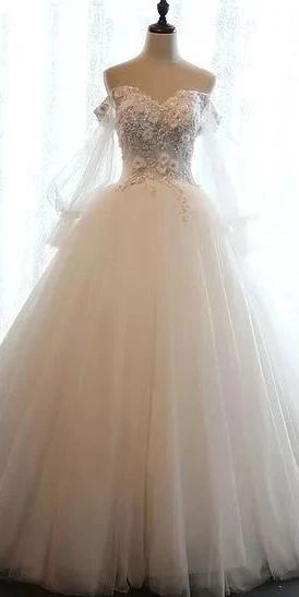 Chic Ball Gown Off-the-shoulder Sweep Train Long Sleeves Tulle Prom Dress   cg10361