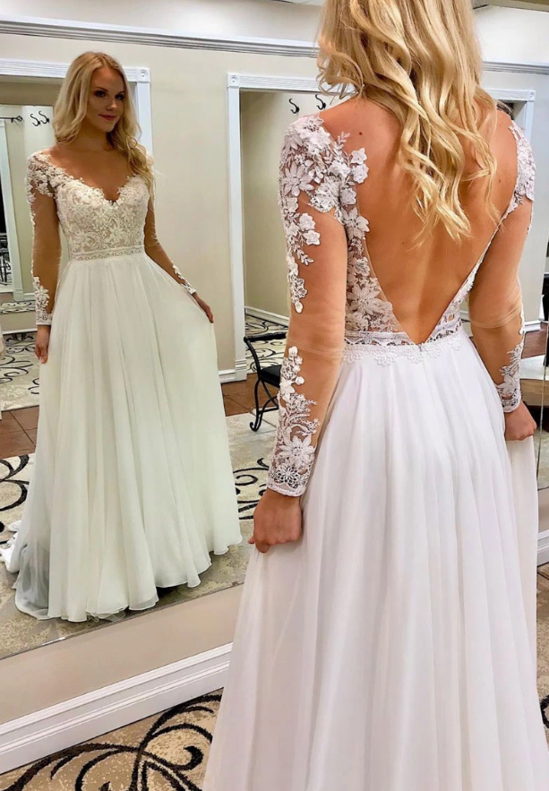 WHITE V NECK CHIFFON LACE LONG PROM DRESS WHITE FORMAL DRESS   cg10396
