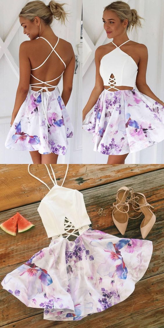 A-Line V-Neck Lace-up Short Floral Polyester Homecoming Dress cg104