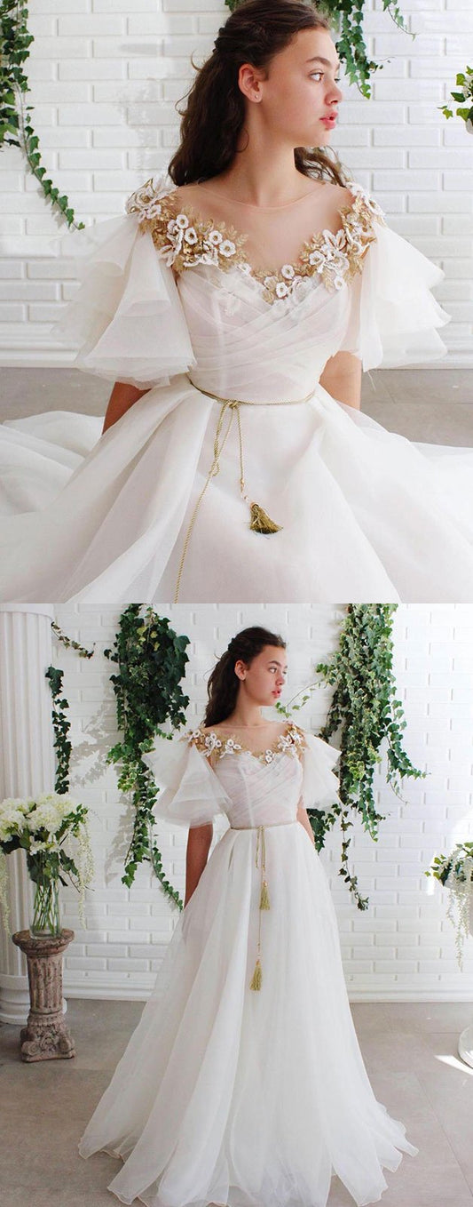 White round neck lace tulle long prom dress white lace evening dress   cg10417