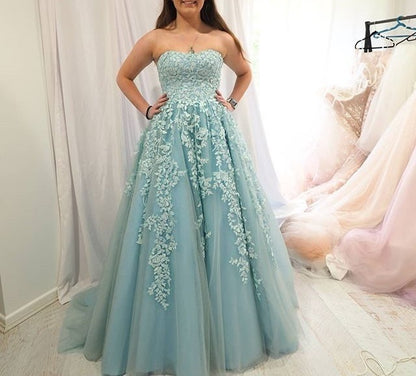 Modest Tulle Open Back Evening Dress with Appliques, Formal Prom Dress   cg10447