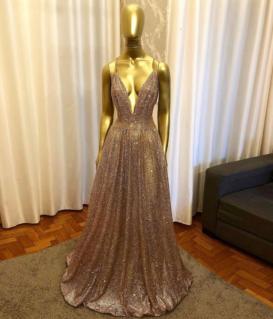 GOLD SEQUINS LONG PROM DRESS EVENING DRESS    cg10464