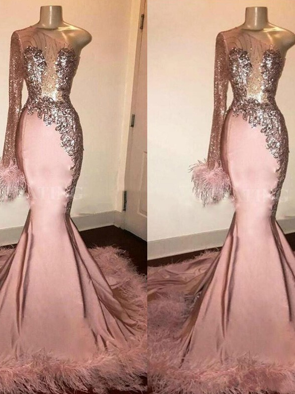 Mermaid Spandex Feathers/Fur One-Shoulder Long Sleeves Sweep/Brush Train prom Dress   cg10479