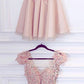 A-Line Deep V-Neck Cap Sleeves Pink Tulle Short Homecoming Dress with Appliques cg1051