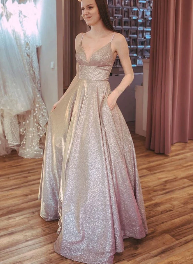 Champagne v neck sequin long prom dress sequin formal dress   cg10512