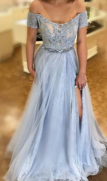 Princess Off the Shoulder Sky Blue Long Prom Dress with Side Slit    cg10532