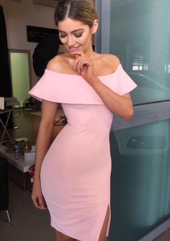 Light Pink Sheath Mini Short Homecoming Dresses Off Shoulder Satin Homecoming Dress Cocktail Dresses   cg10570