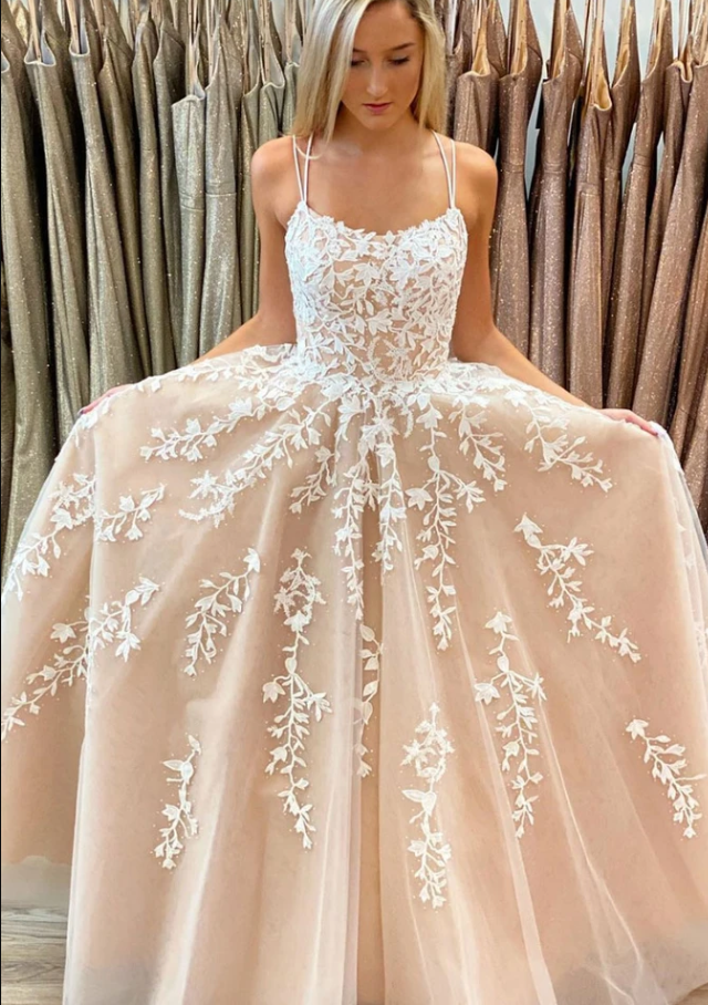 CHAMPAGNE TULLE LACE LONG PROM DRESS CHAMPAGNE EVENING DRESS  cg10583