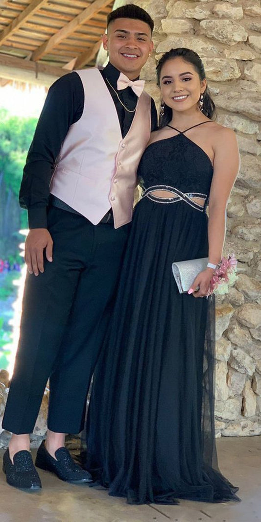 Excellent Lace & Tulle Halter Neckline A-line Evening prom Dresses With Beadings   cg10602