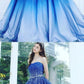 A Line Blue Strapless Sweetheart Ombre Sweep Train Ball Gown Beads Tulle Prom Dresses  cg1063