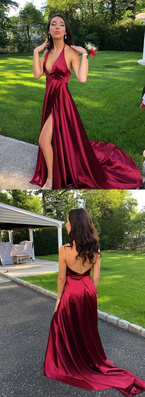 sexy dark red stain long prom dresses with split, cheap backless party dress cg1064