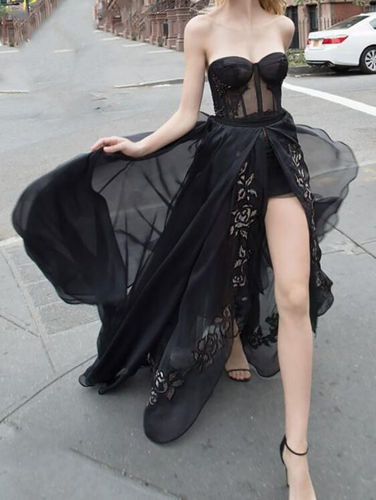 Black A line Backless Long Formal Dresses,Charming Strapless Lace Appliques Evening Gowns,Prom Dresses  cg10684