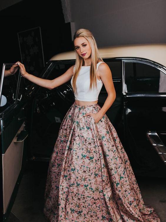 Two Pieces Prom Dresses A-line Scoop Floral Modest Long Prom Dress/Evening Dress cg1069