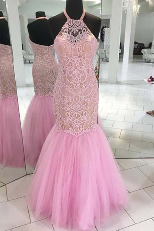 Pink tulle lace halter mermaid dresses,formal dresses for prom   cg10695