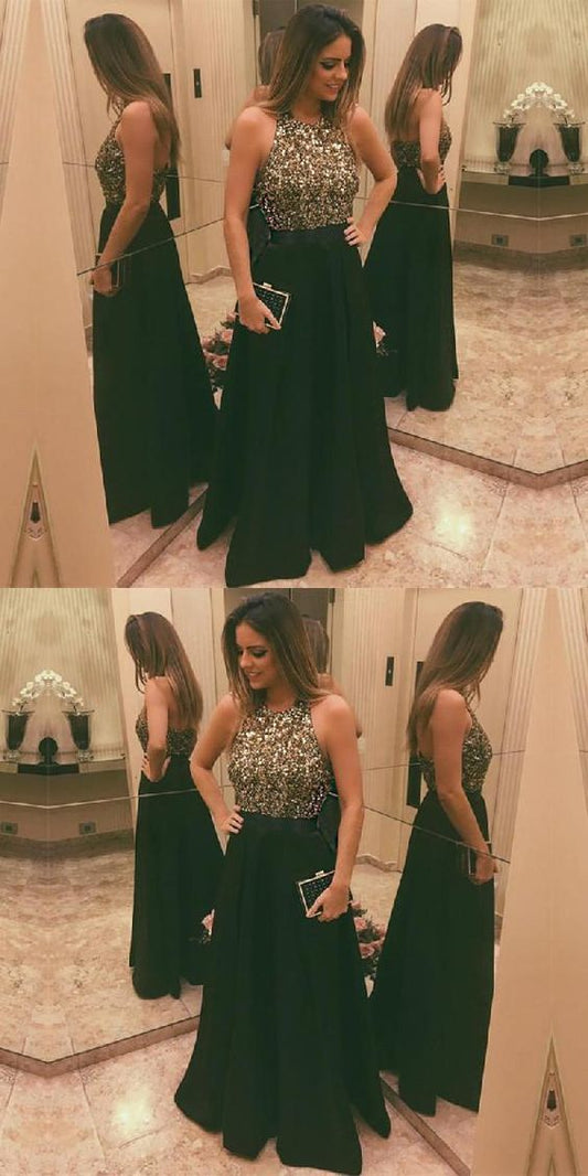 Long Evening Dresses Stunning Sequins Beaded Halter Satin Prom Dresses  cg10701