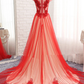 Beautiful Red Tulle Long Cap Sleeves Evening Gown, Long Red Prom Dress   cg10716