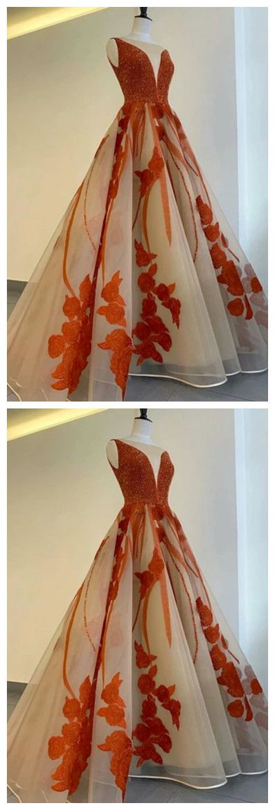 A Line Tulle Prom Dresses V Neck With Beads And Appliques   cg10721