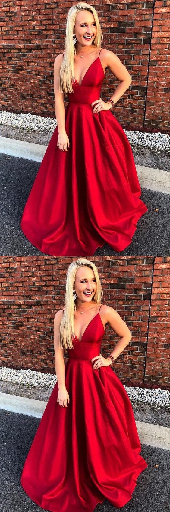 Simple Straps A-line Red Spaghetti Straps V Neck Long Prom Dress cg1073