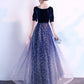 Navy Blue Shiny Tulle And Velvet Long Bridesmaid prom Dress, Wedding Party Dress   cg10754