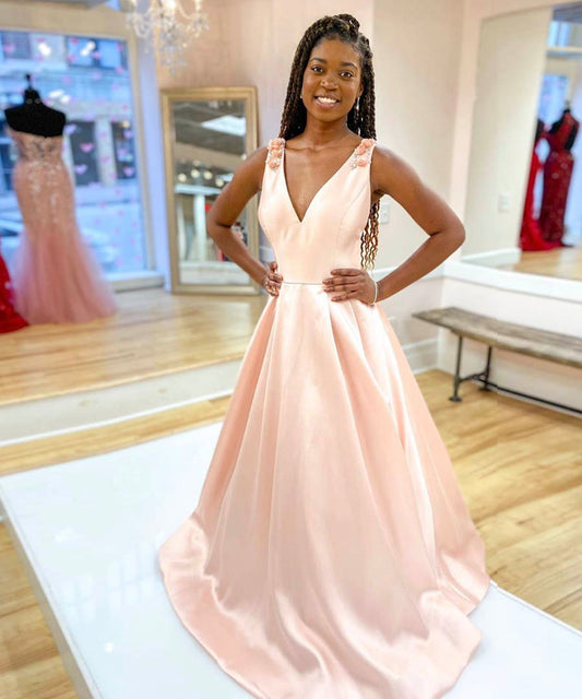PINK V NECK SATIN LONG PROM DRESS EVENING DRESS   cg10760