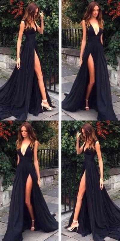 Sexy Evening Dress,Slit Party Dress,Black Slit Prom Dress,Sexy Black Slit Graduation Dress  cg1077