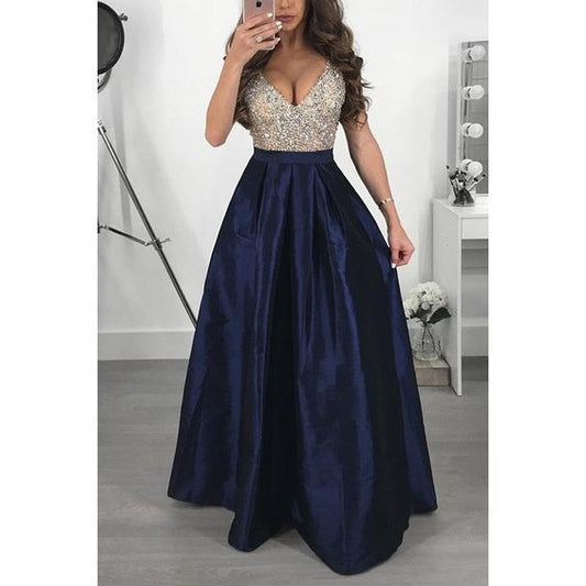 Deep V-neck Sequins High Waist Women Long Party Dress prom dresses    cg10772