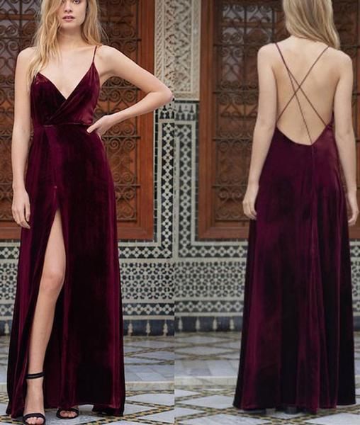 Sexy A Line Spaghetti Straps Backless High Slit Burgundy Velvet Prom/Evening Dress cg1080