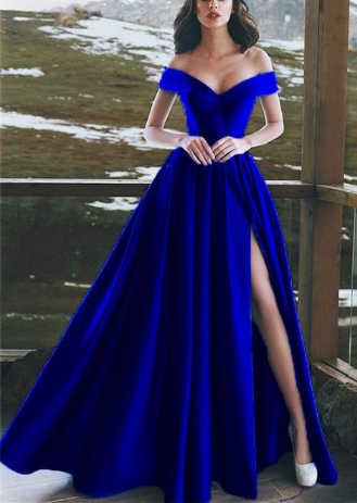 Elegant V-neck Off The Shoulder Long Satin Royal Blue Prom Dresses cg1081