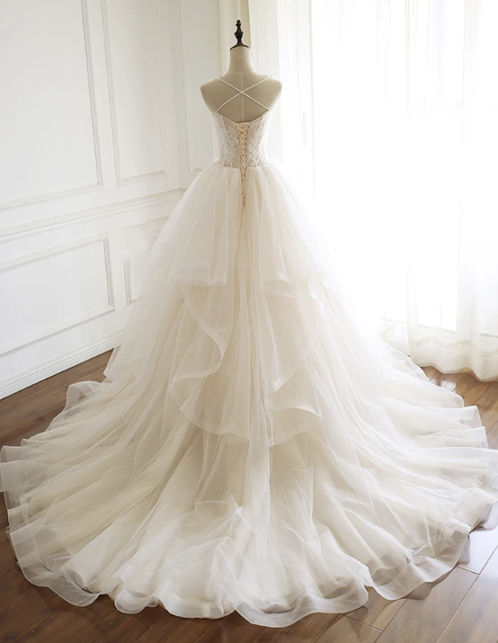 Champagne tulle lace long ball prom dress  cg10816