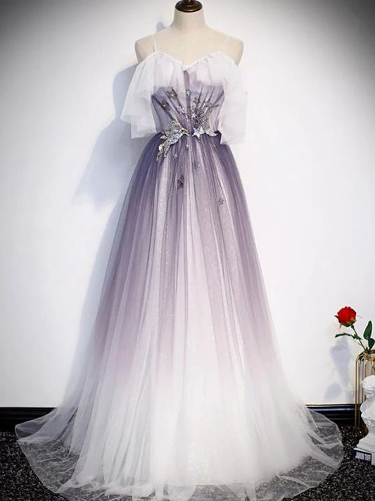 Beautiful Purple Tulle A-line Long Party prom Dress, Gradient Formal Gown   cg10826