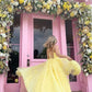 Straps Tulle Bodice 3D Flowers With Back Lace Up Yellow Long Prom Dress   cg10929