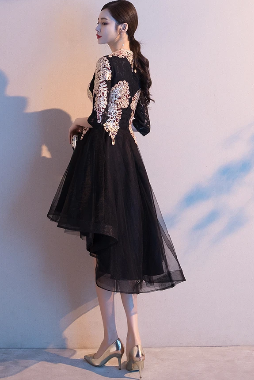 Black Tulle High Low Dress With Lace Applique, Short Wedding Party prom Dress   cg10943
