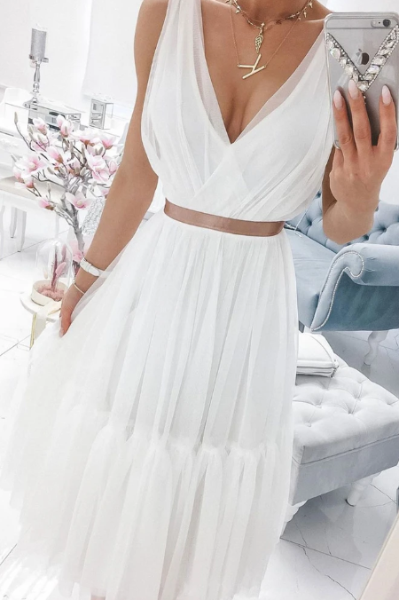 SIMPLE WHITE V NECK CHIFFON PROM DRESS WHITE TULLE FORMAL DRESS   cg10946
