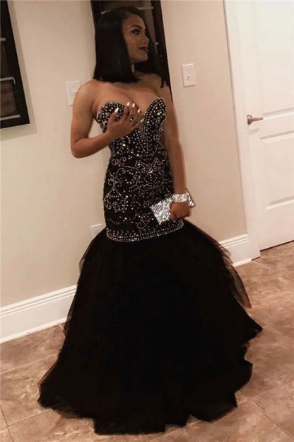Long Sweetheart Beads Prom Dresses | Mermaid Black Sequins Cheap Formal Gowns   cg10948
