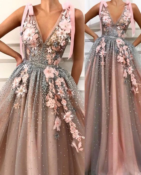 Embroidered Flowers Embellished And Beaded Nude Pink Long Evening Special Occasion Gown Prom Dress   cg10969