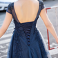Blue Lace Cap Sleeves Long Evening Dress, A-Line Backless Prom Dress   cg11046