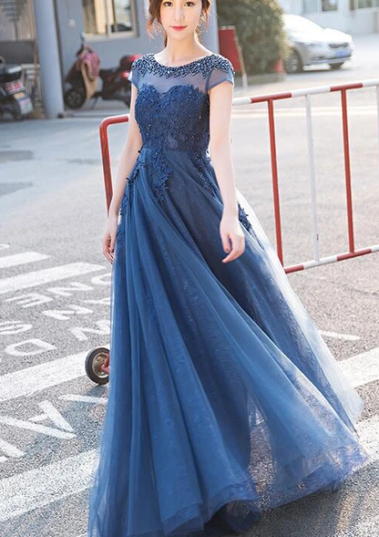 Blue Lace Cap Sleeves Long Evening Dress, A-Line Backless Prom Dress   cg11046