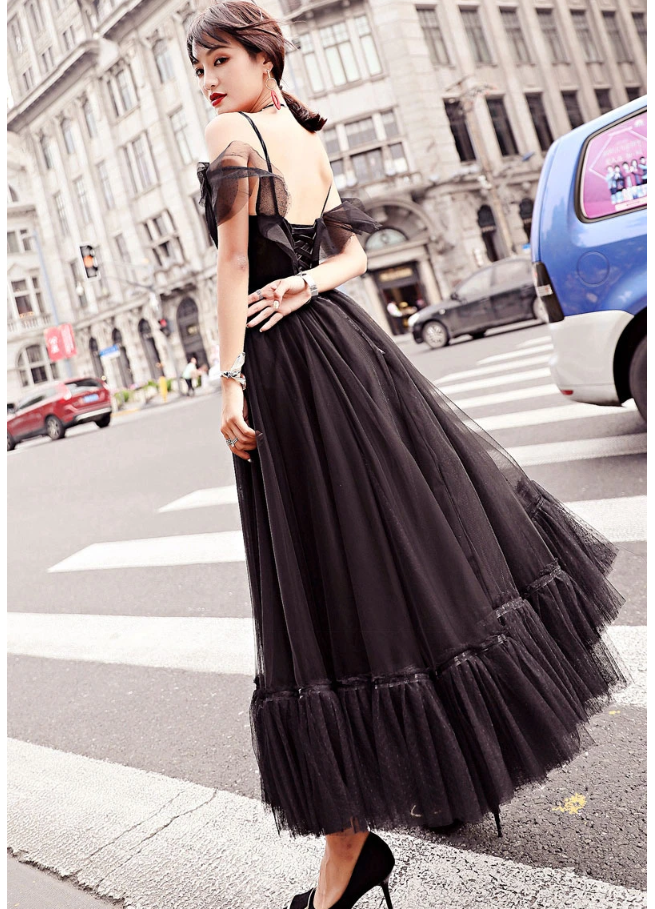 Black tulle lace tea length prom dress, lace tulle evening dress   cg11072