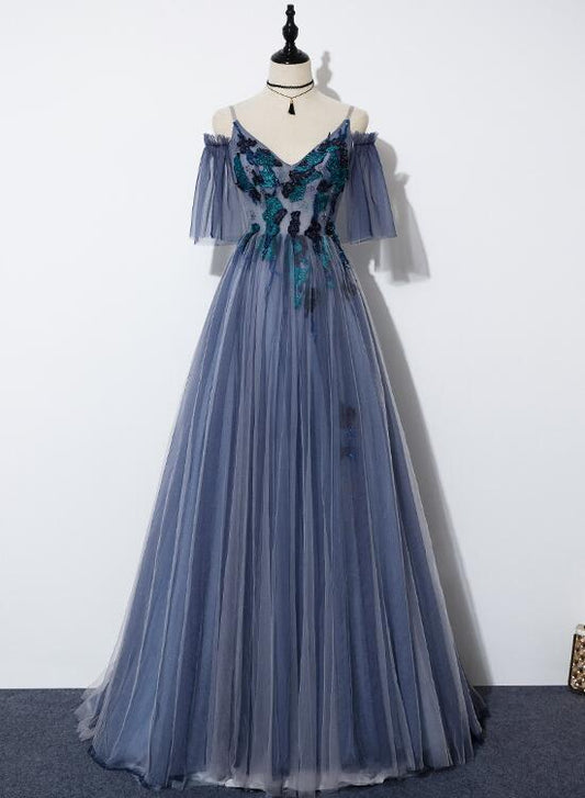 Blue Tulle Straps V-Neckline Long Formal Dress, Long Party prom Dress 2020   cg11078